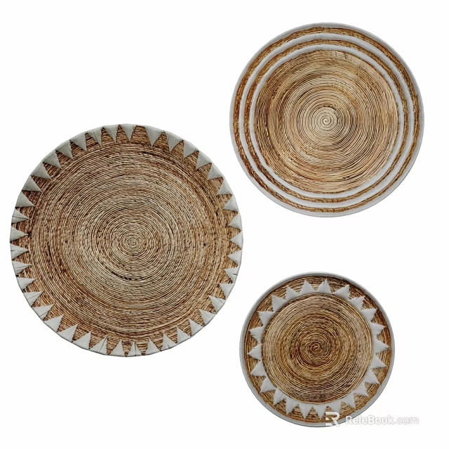 Woven Circular Wall Decor Set of Three with Geometric Trim and Natural Rattan Texture 3d model 
