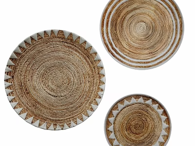 Woven Circular Wall Decor Set of Three with Geometric Trim and Natural Rattan Texture 3d model