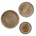 Woven Circular Wall Decor Set of Three with Geometric Trim and Natural Rattan Texture