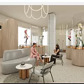 Modern Lounge Area Interior Design With Grey Sofa Wooden Display Cases Mannequins And Hanging Lights