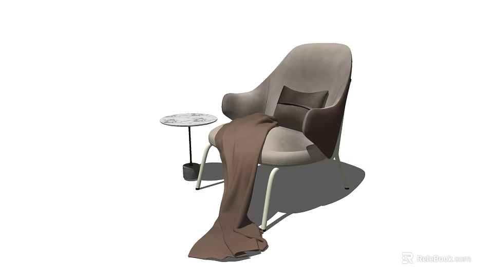 Elegant Gray Lounge Chair With Brown Blanket Round Side Table And Small Plant 3d model 