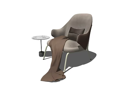 Elegant Gray Lounge Chair With Brown Blanket Round Side Table And Small Plant 3d model