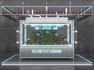Art Installation Featuring Neon Health Function Beauty Text Green Plants And Top Arranged Bottles 3d model