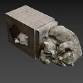 Realistic 3D Model Of Stone Block Structure With Clinging Bear Sculptures