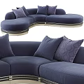 Navy Blue and Light Gray Curved Sectional Sofa with Plush Cushions and Decorative Trim