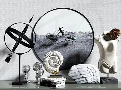 Modern Artistic Decorative Ornament Combination With Circular Ant Print Spiral Seashell And Wing Sculptures 3d model
