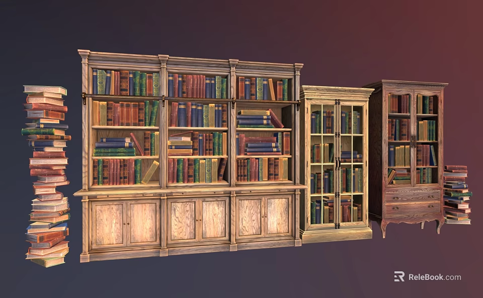 Vintage Wooden Bookcase Collection With Open Shelves And Glass Doors Filled With Books 3d model 