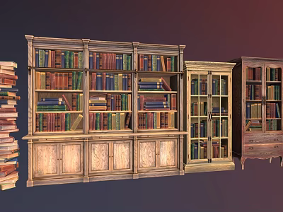 Vintage Wooden Bookcase Collection With Open Shelves And Glass Doors Filled With Books 3d model