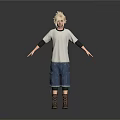 Blonde Haired Man Wearing White T-shirt Black Elbow Pads Blue Denim Shorts And Brown Boots
