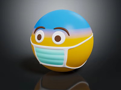 Cute Emoji Ball Wearing Face Mask With Big Eyes Eyebrows Blue Yellow Pink Gradient Colors 3d model