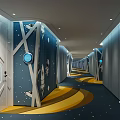 Space Themed Hotel Corridor With Starry Ceiling Astronaut Wall Decor And Star Patterned Floor 3d model