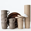 Stacked Ceramic And Paper Cups With Plates And Lids For Kitchen Dining Use 3d model
