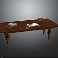 Wooden Long Table with Stacked Books Open Magazine and Small Toy Car