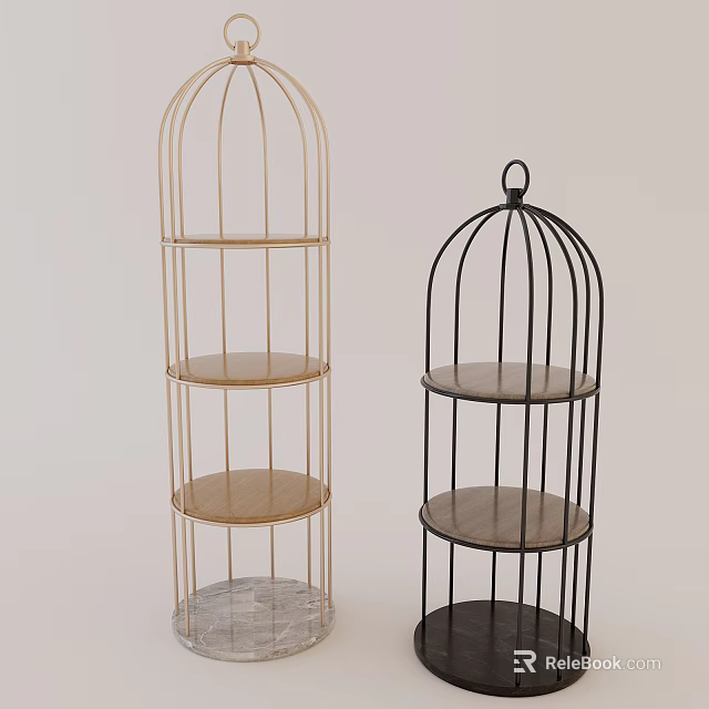 Decorative Ornament Set with Birdcage Shaped Multi Tiered Shelves Gold Black Metal Frames Wooden Layers 3d model 
