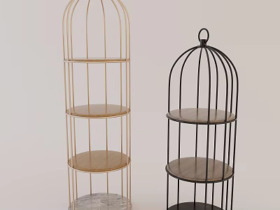 Decorative Ornament Set with Birdcage Shaped Multi Tiered Shelves Gold Black Metal Frames Wooden Layers 3d model
