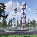 Tall Outdoor Sculpture With Circular Holes And Colorful Patterns In Park With Trees
