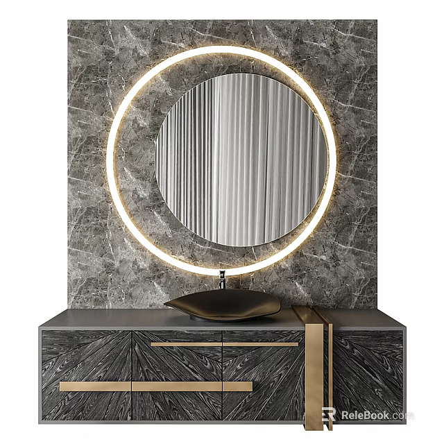 Modern Bathroom Vanity With Round Backlit Mirror Marble Wall And Gold Accents 3d model 