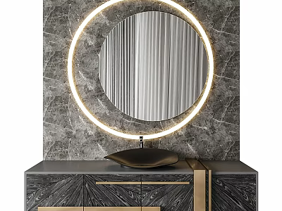 Modern Bathroom Vanity With Round Backlit Mirror Marble Wall And Gold Accents 3d model