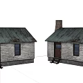 Two Small Wooden Cabins With White Walls Rusty Roofs Brown Doors Wooden Steps And Chimney