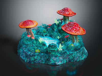 Vibrant Plant Scene Featuring Red Mushrooms With White Spots Lush Green Vegetation And Small Pond 3d model