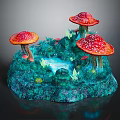 Vibrant Plant Scene Featuring Red Mushrooms With White Spots Lush Green Vegetation And Small Pond