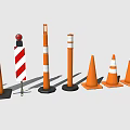 Various Sizes Of Orange Traffic Cones And Striped Warning Posts For Road Safety Equipment