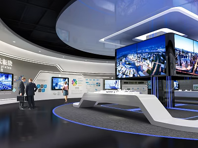Modern Tech Exhibition Hall Featuring Large Screens Digital Displays And Visitors Interacting 3d model