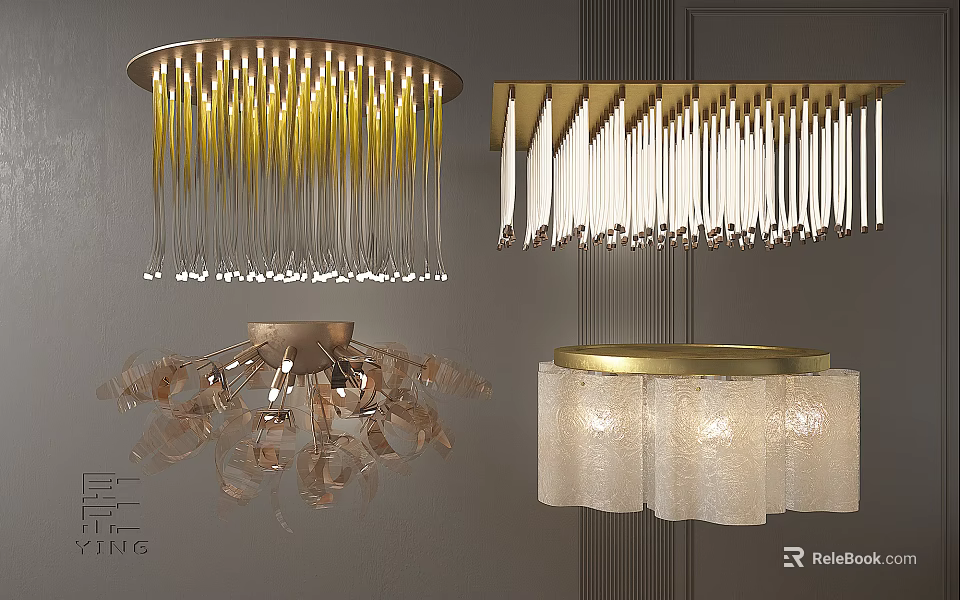 Elegant Modern Ceiling Lights with Glass Tassel Petal Shaped Cylindrical Designs and Gold Frames 3d model 