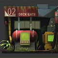 Cartoon Scene of Abandoned Deck Gate 02 with Red Sphere Green Door and Plants