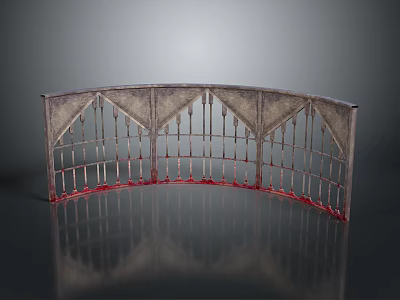 Curved Metal Railing With Geometric Patterns Red Marks On Black Smooth Surface And Gray Background 3d model