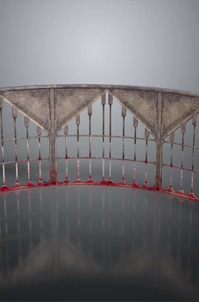 Curved Metal Railing With Geometric Patterns Red Marks On Black Smooth Surface And Gray Background 3d model