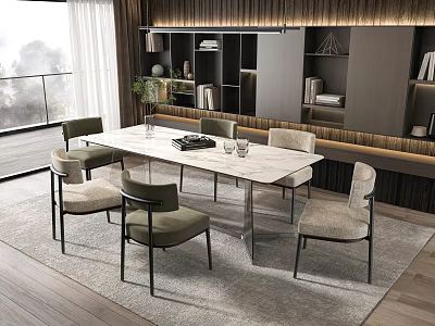 Modern Dining Table Set With White Marble Top Green Beige Upholstered Chairs In Bright Room 3d model