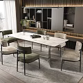 Modern Dining Table Set With White Marble Top Green Beige Upholstered Chairs In Bright Room