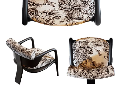 Elegant Floral Patterned Leisure Chair With Dark Wooden Frame And Soft Cushion 3d model