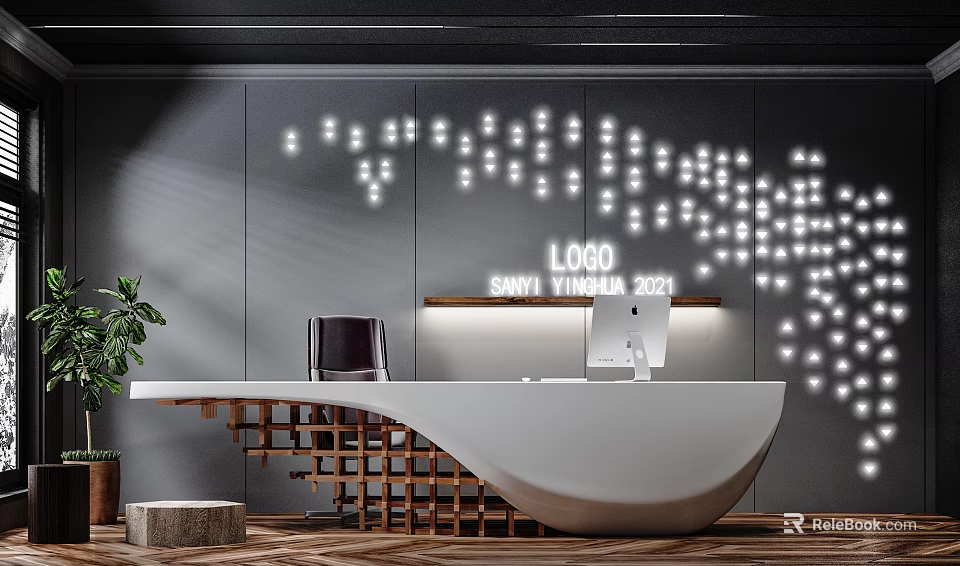 Modern White Office Desk With Black Chair Green Plant And Wall Light Patterns 3d model 