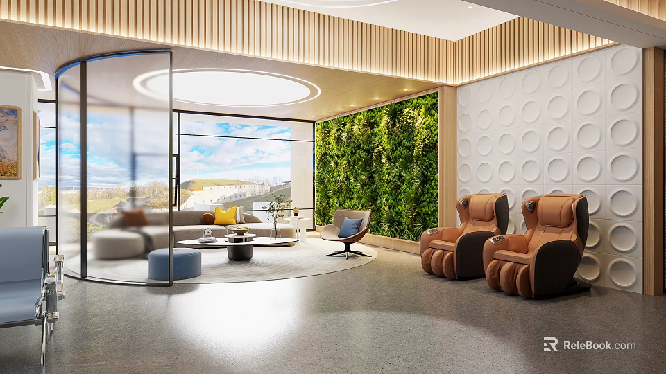 Modern Lounge Area Interior With Living Plant Wall Sofa And Armchairs 3d model 