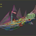 Decorative Fantasy Ship Model With Orange Deck Blue Hull And Ornate Tower