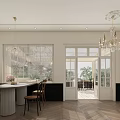 Elegant Dessert Shop Interior With Chandelier Table Chairs Open Doors Terrace And Wooden Floor