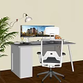Modern Home Office Desk With Ergonomic Mesh Chair Metal Stand Lamp And Potted Plant