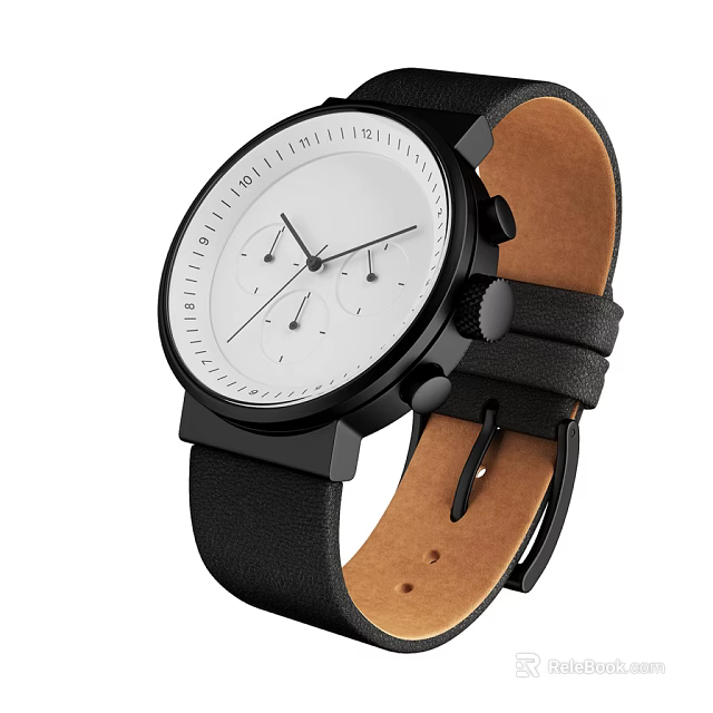 Minimalist White Dial Watch With Black Case Leather Strap And Brown Lining 3d model 