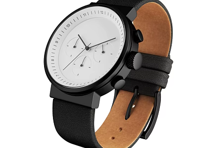 Minimalist White Dial Watch With Black Case Leather Strap And Brown Lining 3d model