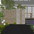 Lush Garden Entrance Featuring Stone Wall Wooden Lattice Gate Steps Spherical Lights And Purple Flowers