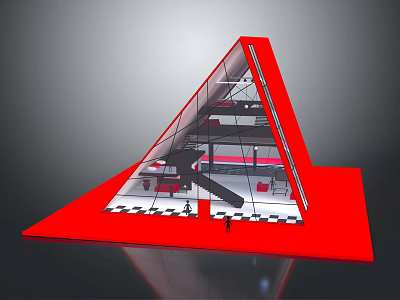 Red Triangular Modern Architectural Building With Interior Structure Floors And Checkered Floor 3d model