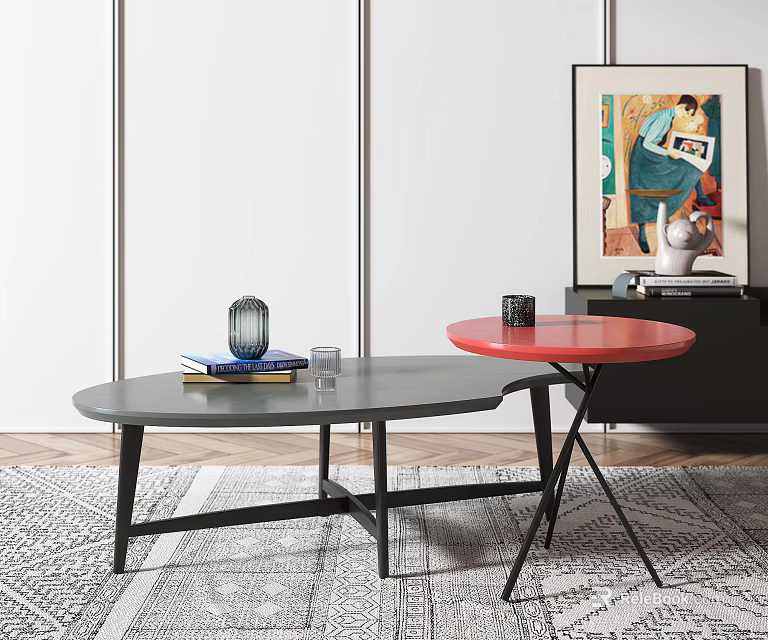 Modern Gray Oval Red Round Coffee Tables on Patterned Rug with Books Decorative Items 3d model