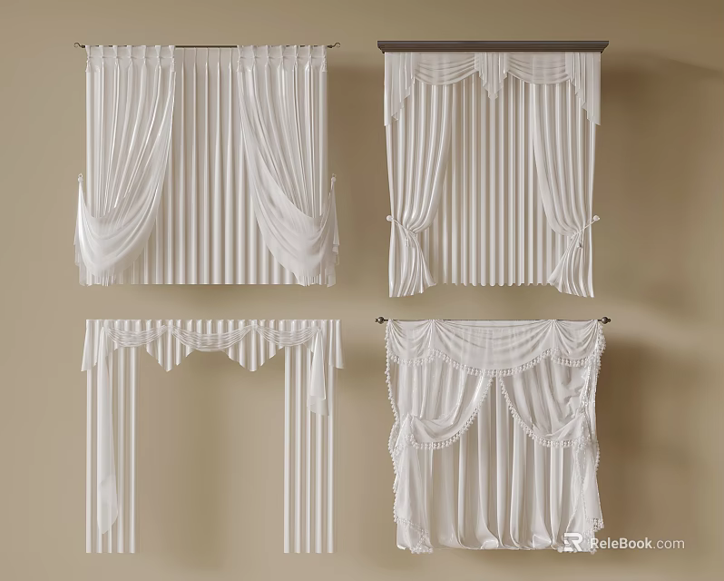 White Window Curtains With Different Elegant Decorative Designs And Hanging Styles 3d model 