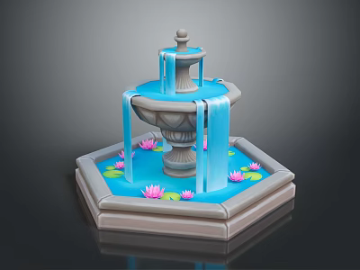 Multi Tiered Garden Fountain With Hexagonal Basin And Pink Water Lilies 3d model