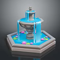 Multi Tiered Garden Fountain With Hexagonal Basin And Pink Water Lilies