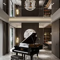 Elegant Modern Open Concept Living And Dining Room With Chandelier Sofa Marble Wall Piano TV