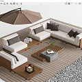 Stylish Outdoor Sofa on Wooden Deck with Umbrella Coffee Table and Soft Cushions