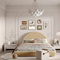 Modern Kids Room Interior With Cream Arched Wall Round Chandelier Stuffed Toy And Decorative Paintings